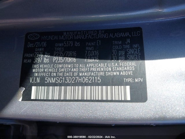 2007 HYUNDAI SANTA FE GLS VIN: 5NMSG13D27H062115