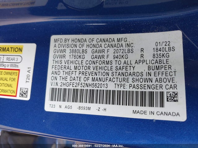 Honda Civic Sport 2022 2HGFE2F52NH562013 Image 9