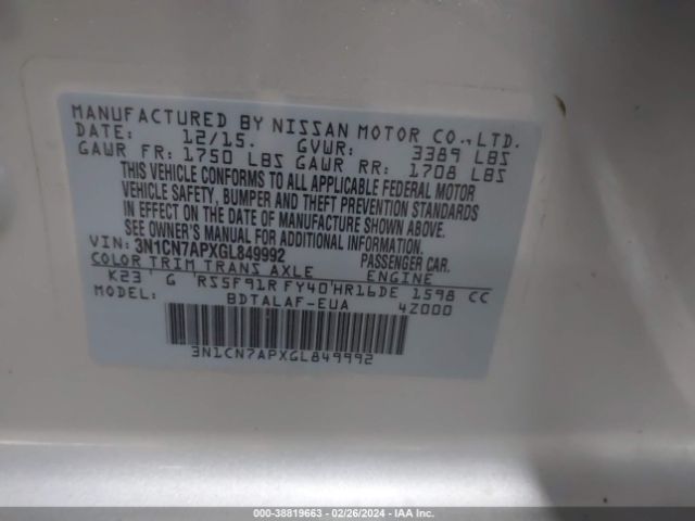 3N1CN7APXGL849992 Nissan Versa 1.6 S