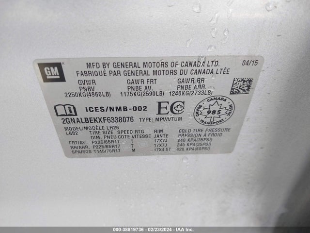 Chevrolet EQUINOX 1LT 2015 2GNALBEKXF6338076 Image 9