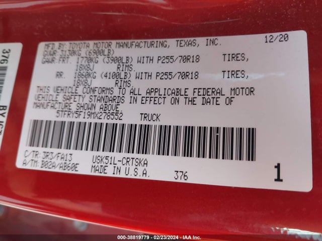 Toyota Tundra Sr 2021 5TFRY5F19MX278552 Image 9
