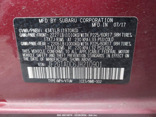 JF2GTADC6JH210901 Subaru Crosstrek 2.0i Premium