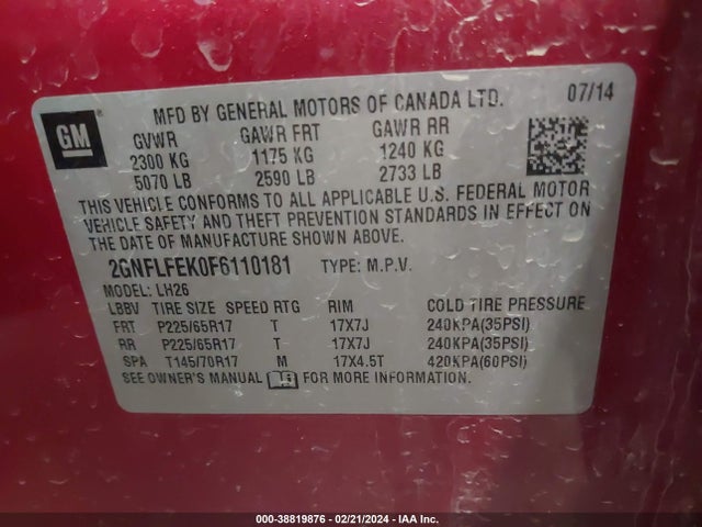Chevrolet EQUINOX 1LT 2015 2GNFLFEK0F6110181 Image 9