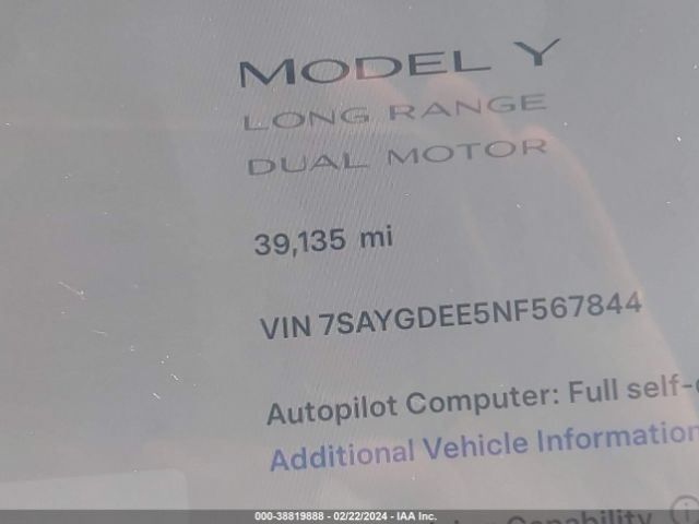 7SAYGDEE5NF567844 Tesla Model Y Long Range Dual Motor All-wheel Drive