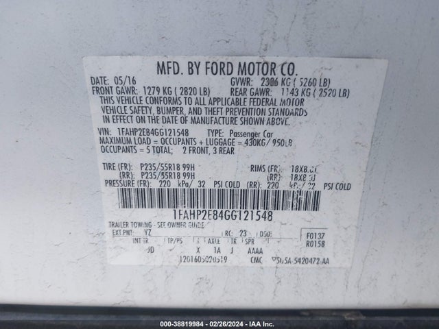 Ford TAURUS SEL 2016 1FAHP2E84GG121548 Image 9