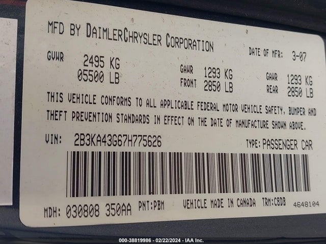2007 DODGE CHARGER VIN: 2B3KA43G67H775626