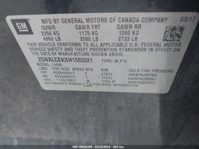 Chevrolet EQUINOX LT 2017 2GNALCEKXH1583921 Image 9