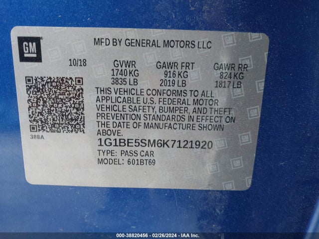 Chevrolet CRUZE LT 2019 1G1BE5SM6K7121920 Image 9