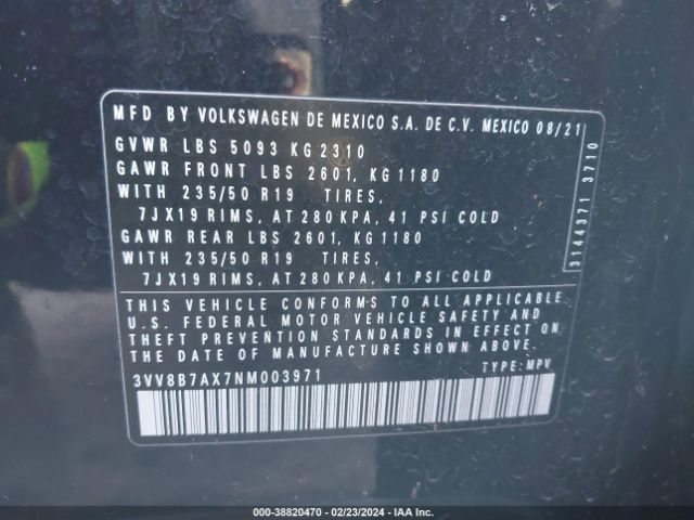 3VV8B7AX7NM003971 Volkswagen Tiguan 2.0t Se R-line Black