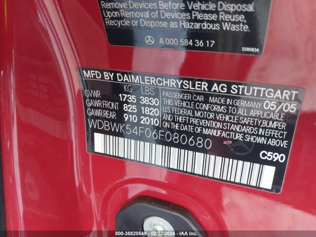 2006 MERCEDES-BENZ SLK 280 VIN: WDBWK54F06F080680