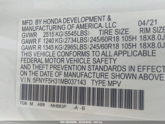 Honda Pilot 2wd Ex 2021 5FNYF5H31MB037143 Image 9