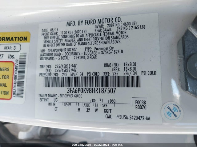 Ford Fusion Titanium 2017 3FA6P0K98HR187507 Image 9