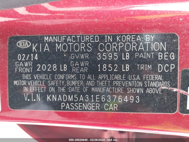 KIA RIO LX 2014 KNADM5A31E6376493 Image 9
