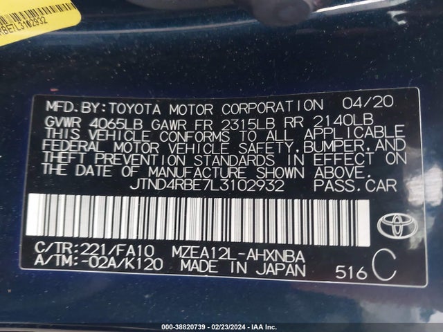 Toyota COROLLA SE 2020 JTND4RBE7L3102932 Image 9