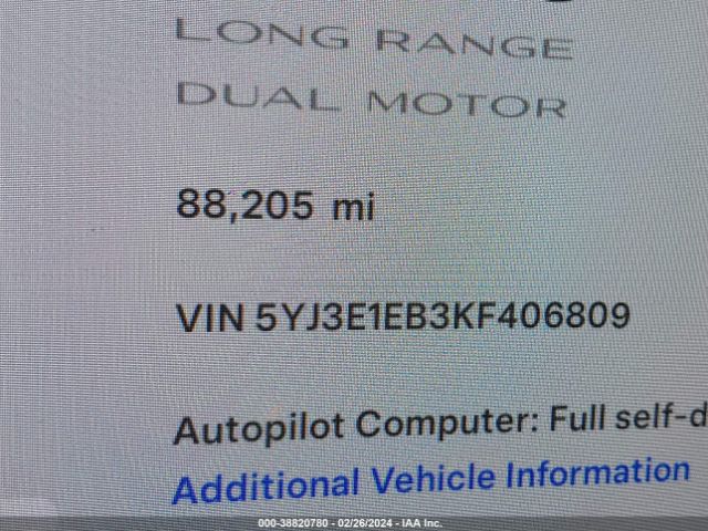 5YJ3E1EB3KF406809 Tesla Model 3 Long Range/performance