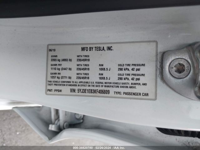 5YJ3E1EB3KF406809 Tesla Model 3 Long Range/performance