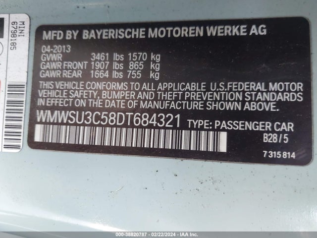 2013 MINI HARDTOP WMWSU3C58DT684321 Photo 8