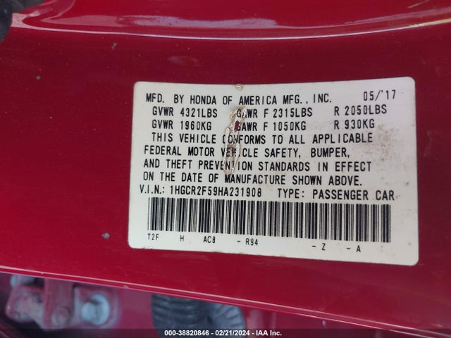 Honda Accord Sport 2017 1HGCR2F59HA231908 Image 9