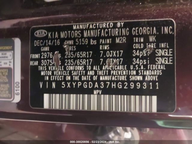5XYPGDA37HG299311 KIA Sorento 2.4l Lx