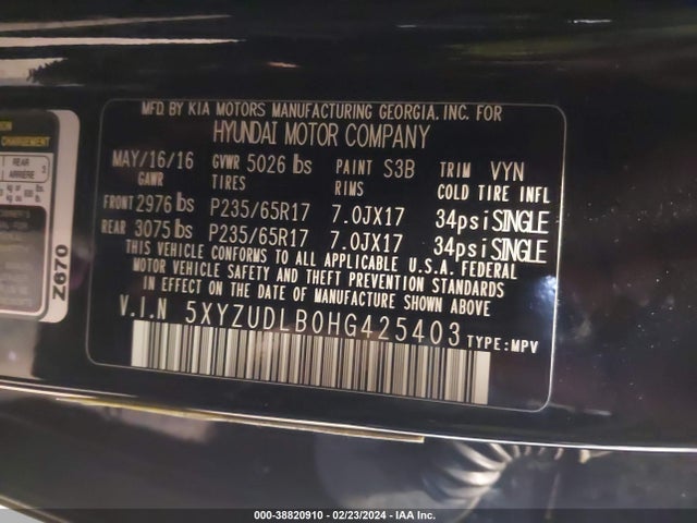 Продажа на аукционе авто 2017 Hyundai Santa Fe Sport 2.4l, vin: 5XYZUDLB0HG425403, номер лота: 38820910