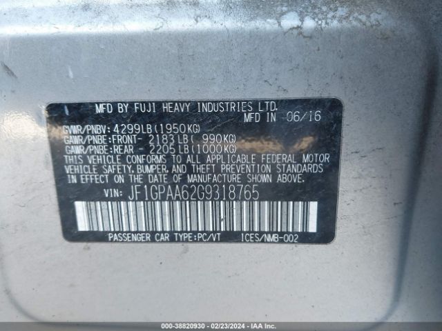 JF1GPAA62G9318765 Subaru Impreza 2.0i