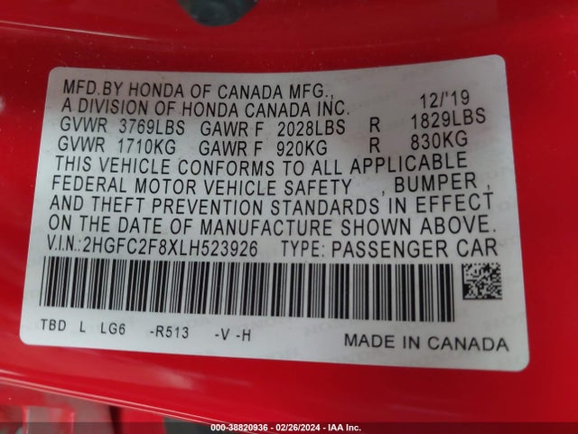 Honda Civic Sport 2020 2HGFC2F8XLH523926 Image 9