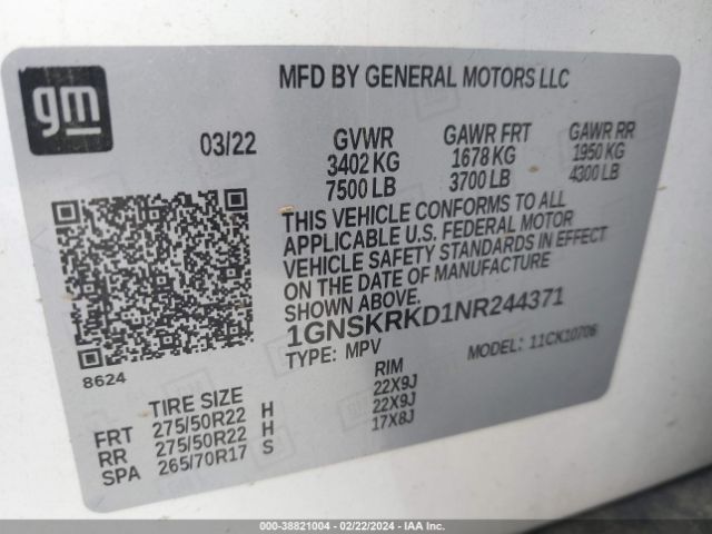 1GNSKRKD1NR244371 Chevrolet Tahoe 4wd Rst