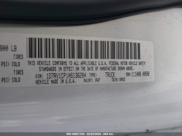 2010 DODGE RAM 1500 ST VIN: 1D7RV1CP1AS136284