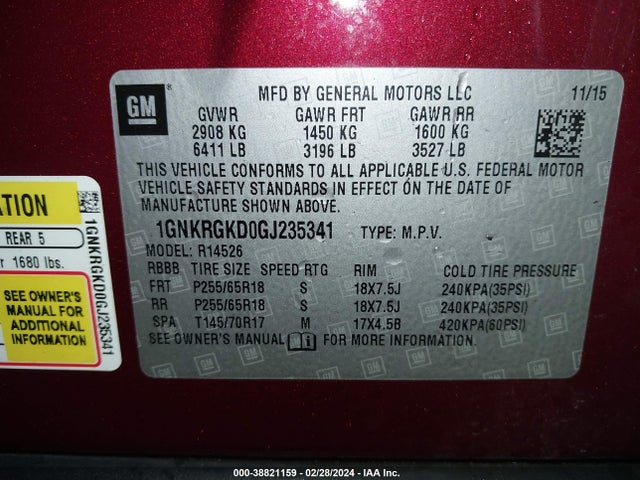 Chevrolet Traverse 1lt 2016 1GNKRGKD0GJ235341 Image 9