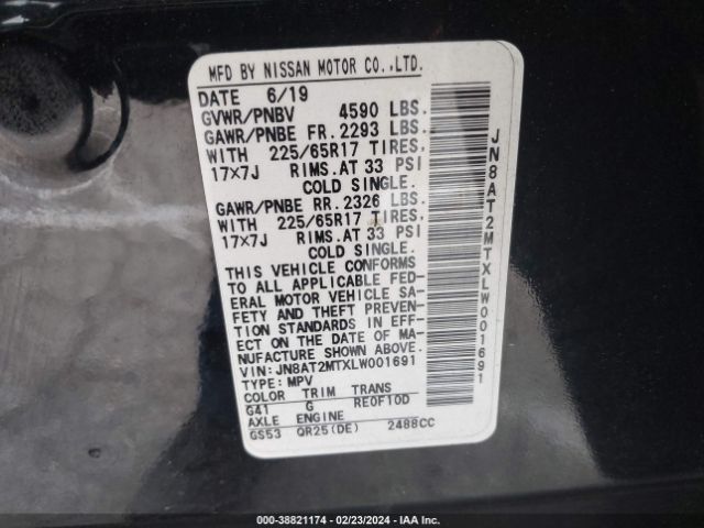 JN8AT2MTXLW001691 Nissan Rogue S Fwd