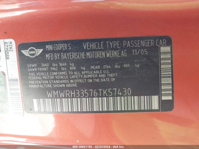 2006 MINI COOPER S WMWRH33576TK57430 Photo 8
