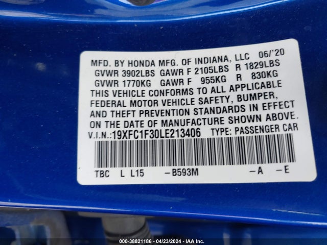 Honda CIVIC EX 2020 19XFC1F30LE213406 Image 9