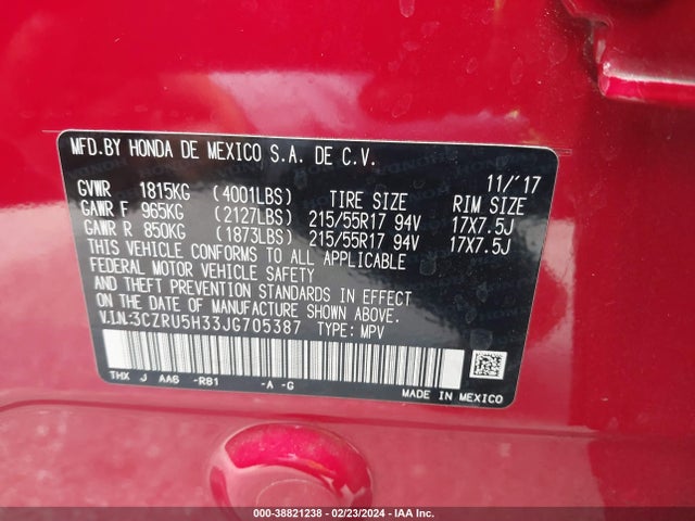 Honda HR-V LX 2018 3CZRU5H33JG705387 Image 9