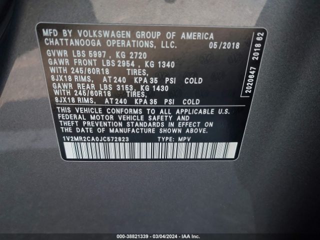 1V2MR2CA0JC572823 Volkswagen Atlas 3.6l V6 Sel