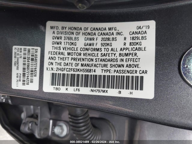 Honda Civic Lx 2019 2HGFC2F63KH556814 Image 9