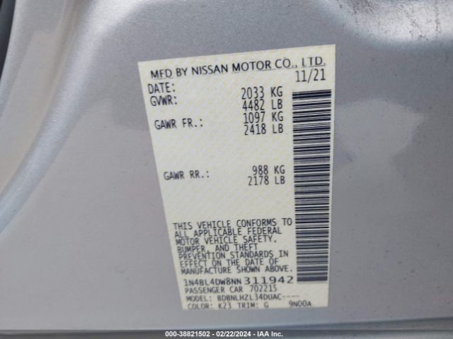 1N4BL4DW8NN311942 Nissan Altima Sv Intelligent Awd