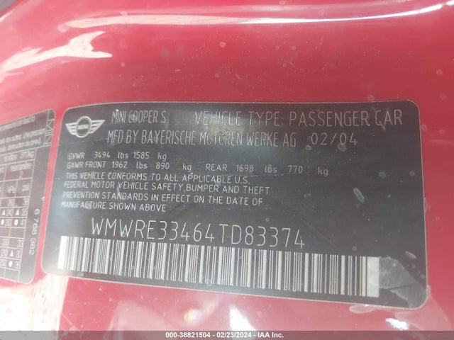 2004 MINI COOPER S WMWRE33464TD83374 Photo 8