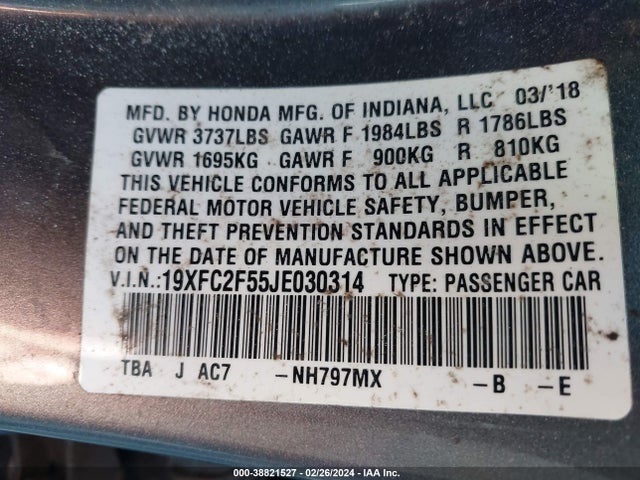 Honda Civic Lx 2018 19XFC2F55JE030314 Image 9