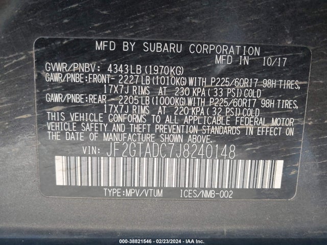 Aukcja sprzedaży 2018 Subaru Crosstrek 2.0i Premium, vin: JF2GTADC7J8240148, numer aukcji: 38821546