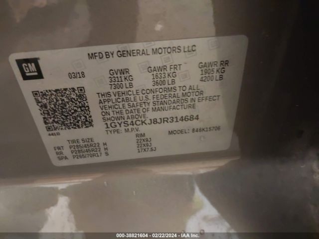 1GYS4CKJ8JR314684 Cadillac Escalade Premium Luxury