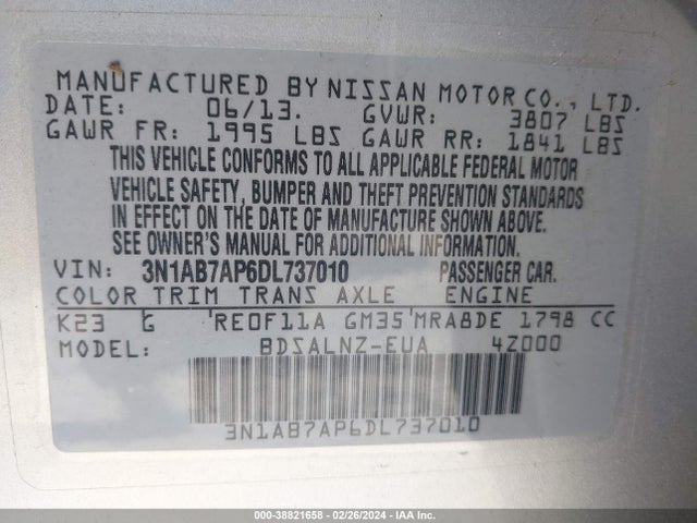 2013 NISSAN SENTRA FE+ SV VIN: 3N1AB7AP6DL737010