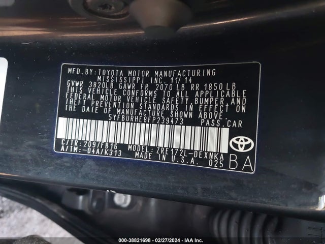 Toyota COROLLA LE 2015 5YFBURHE8FP239473 Image 9
