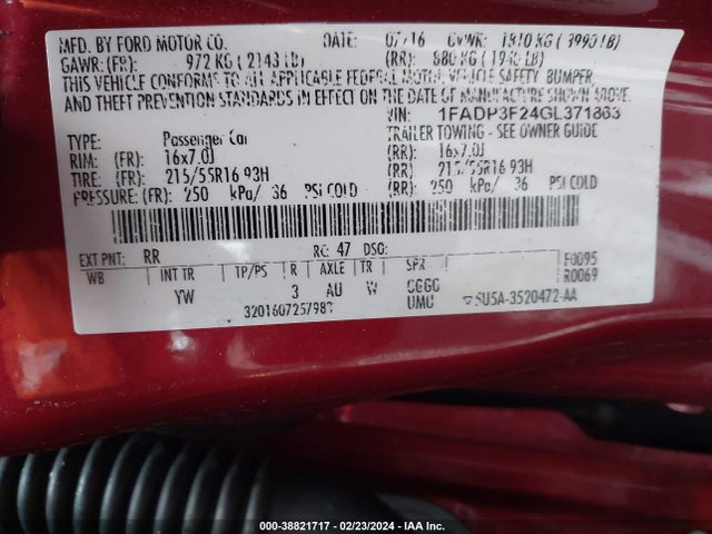2016 FORD FOCUS SE VIN: 1FADP3F24GL371863