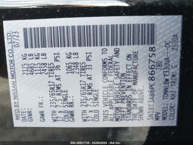 5N1BT3AB6PC866758 Nissan Rogue S Intelligent Awd