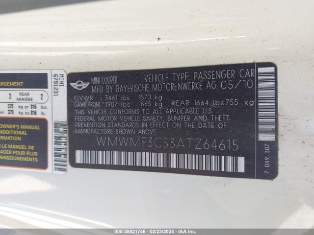 2010 MINI COOPER WMWMF3C53ATZ64615 Photo 8