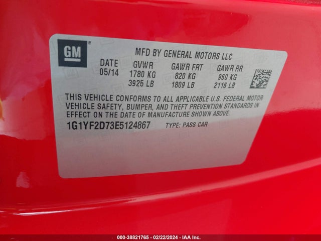 Chevrolet CORVETTE STINGRAY 2014 1G1YF2D73E5124867 Image 9