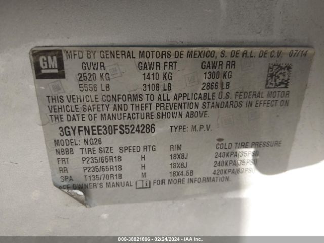 3GYFNEE30FS524286 Cadillac Srx Luxury Collection