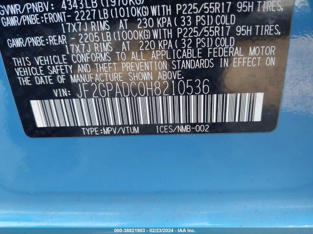 2017 SUBARU CROSSTREK 2.0I PREMIUM VIN: JF2GPADC0H8210536