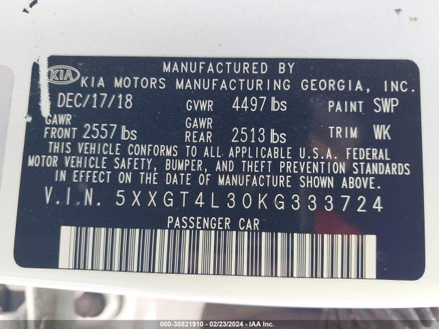 KIA Optima Lx 2019 5XXGT4L30KG333724 Image 9