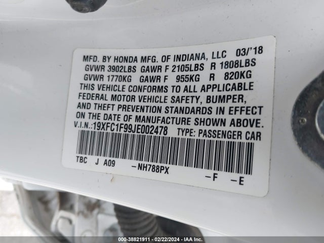 Honda Civic Touring 2018 19XFC1F99JE002478 Image 9